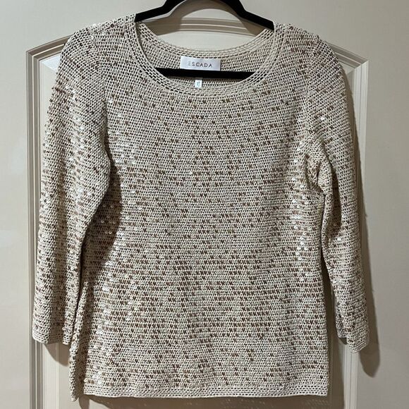 ESCADA Sequin Open Knit Sweater Gold Beige Women’s Size 38 Medium - Picture 1 of 5